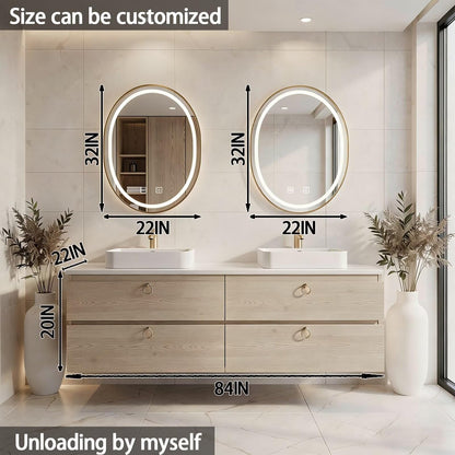 60”-84”Double Sink Floating Bathroom Vanity with LED Round Mirrors, Light Wood Cabinet & Gold Hardware