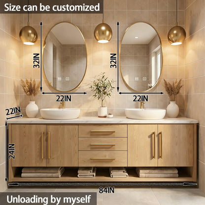 60”-84”Double Sink Floating Bathroom Vanity with Gold Oval Mirrors, Light Wood Cabinet & Gold Hardware