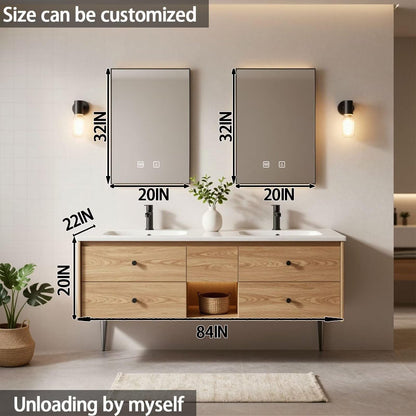 60"-84"Floating Oak Bathroom Vanity with Double Sinks & LED Mirrors