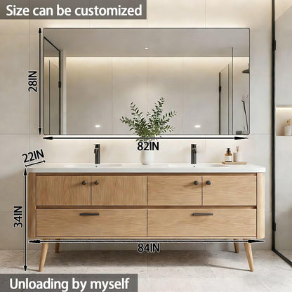 60"-84"Freestanding Oak Bathroom Vanity with Double Sinks & LED Mirror