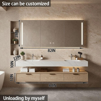 60"-84"Modern Light Wood Bathroom Vanity with Open Shelf & Smart LED Mirror Cabinet