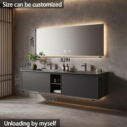 60”-84”Double Sink Floating Bathroom Vanity with LED Backlit Mirror, Dark Gray Textured Cabinet