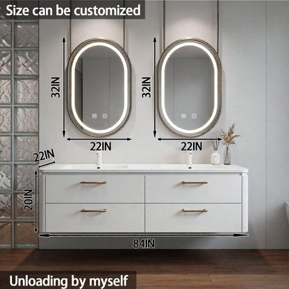 60”-84”Double Sink Floating Bathroom Vanity with LED Oval Mirrors, White Cabinet & Gold Hardware