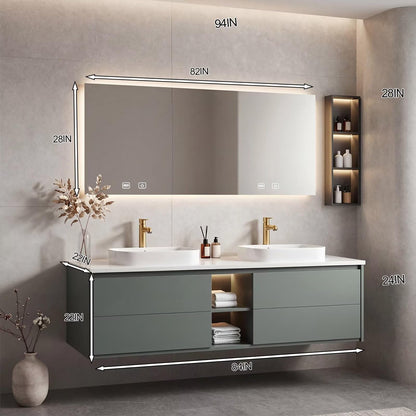 60”-96” Modern Greenish Gray Vanity with Open Shelf & Backlit LED Smart Mirror