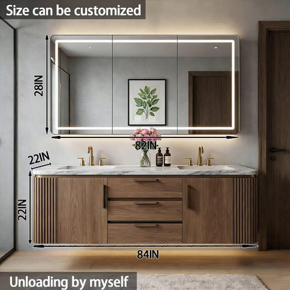60”-84”Double Sink Floating Bathroom Vanity with LED Mirror, Light Wood Cabinet & Gold Hardware
