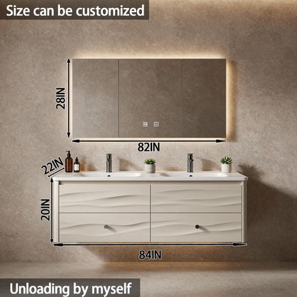 60”-84”Double Sink Floating Bathroom Vanity with LED Mirror Cabinet, White Textured Cabinet