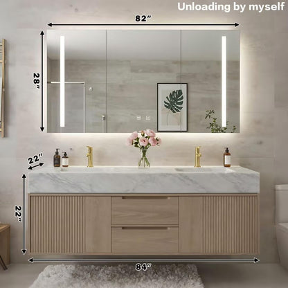 60"-84"Modern Light Oak Floating Bathroom Vanity with Double Sinks & Marble Top