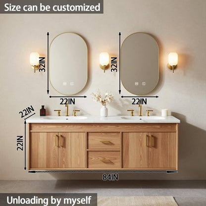 60"-84"Modern Light Wood Bathroom Vanity with Storage Drawers & LED Backlit Mirrors
