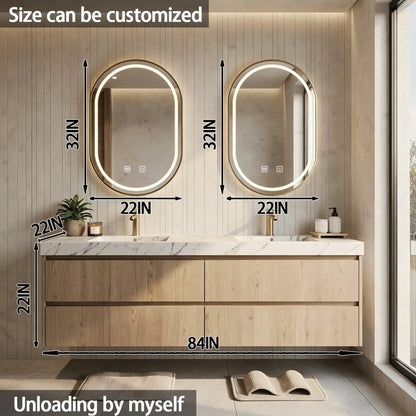 60"-84"Floating Light Wood Bathroom Vanity with Marble Top & Oval LED Mirrors, Double Sinks
