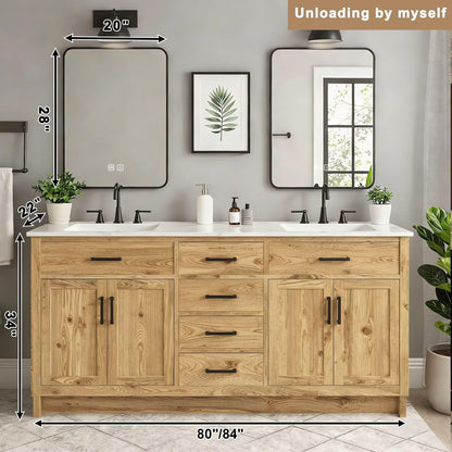 60”-84”Double Sink Bathroom Vanity with LED Mirrors, Freestanding Solid Wood Cabinet with Marble Top, Natural Oak