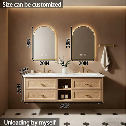 60”-84”Double Sink Floating Bathroom Vanity with Gold Arch LED Mirrors, Light Oak Cabinet