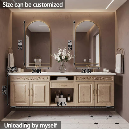 60”-84”Double Sink Floating Bathroom Vanity with Gold Arch Mirrors, Light Oak Carved Cabinet