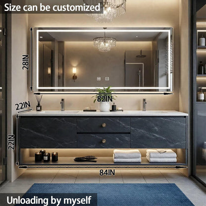 60”-84”Double Sink Floating Bathroom Vanity with LED Backlit Mirror, Black Marble Cabinet