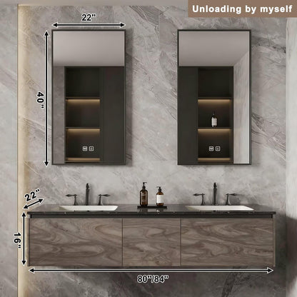 60”-84”Double Sink Floating Bathroom Vanity, Dark Wood Cabinet with LED Lighted Mirror Cabinets
