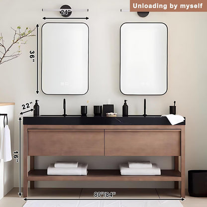 60”-84”Double Sink Freestanding Bathroom Vanity, Light Oak Cabinet with Black Marble Top