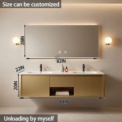 60"-84"Modern Gold Floating Bathroom Vanity Set with Fluted Doors & White Top