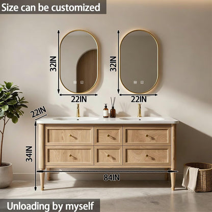60"-84"Modern Light Oak Bathroom Vanity Set with Gold Hardware & White Top