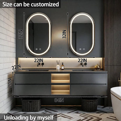 60”-84”Double Sink Floating Bathroom Vanity with LED Oval Mirrors, Dark Gray Cabinet & Gold Accents