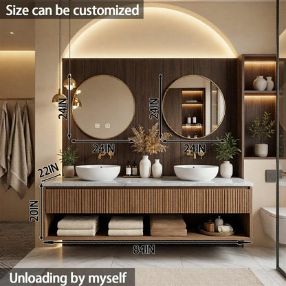 60"-84"Floating Oak Bathroom Vanity with Double Vessel Sinks & LED Round Mirrors