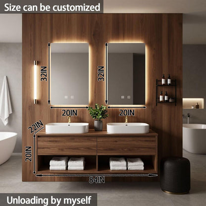 60"-84"Wall-Mounted Bathroom Vanity Set with Wood Top & Backlit Rectangular Smart Mirrors