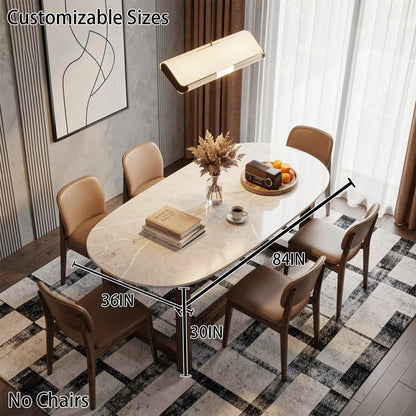 56"-96"Oval White Marble Dining Table, Modern Kitchen Table with Solid Wood Pedestal Base