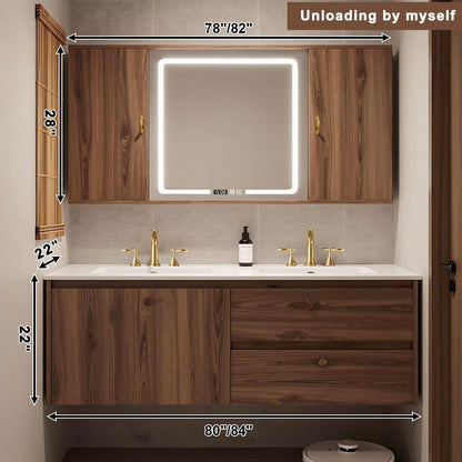 60”-84”Floating Double Sink Bathroom Vanity with LED Smart Mirror, Wall Mounted Walnut Wood Vanity with Storage Cabinets & Drawers