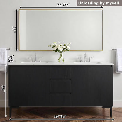 60”-84”Double Sink Bathroom Vanity with Gold Frame Mirror, Freestanding Black Wood Vanity with Storage Drawers & Doors, Modern Bathroom Cabinet