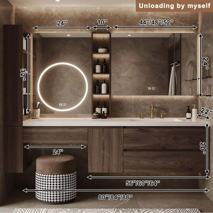 64”-88”Single Sink Floating Bathroom Vanity, Dark Wood Cabinet with Round LED Mirror