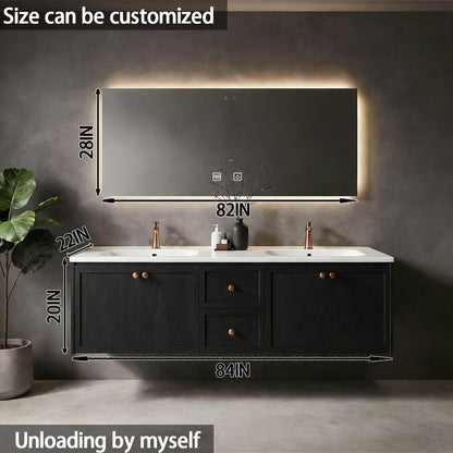 60”-84”Double Sink Floating Bathroom Vanity with LED Mirror, Black Cabinet & Gold Hardware