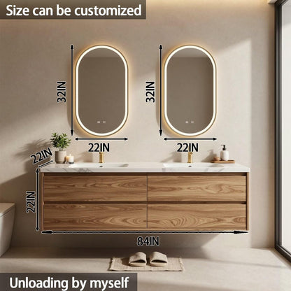 60"-84"Floating Oak Bathroom Vanity with Double Sinks & Oval LED Backlit Mirrors