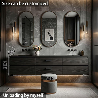 60”-84”Double Sink Floating Bathroom Vanity with Oval Mirrors, Dark Walnut Wood Cabinet