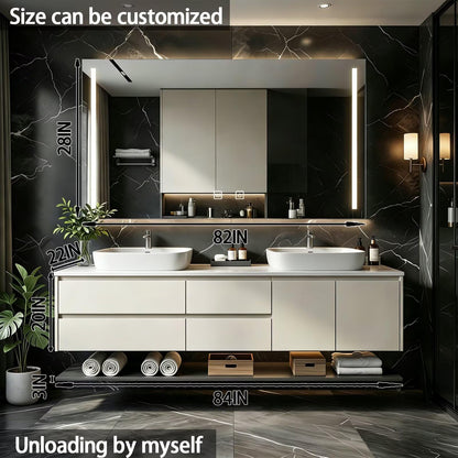 60”-84”Double Sink Floating Bathroom Vanity with LED Mirror Cabinet, Off-White Modern Cabinet