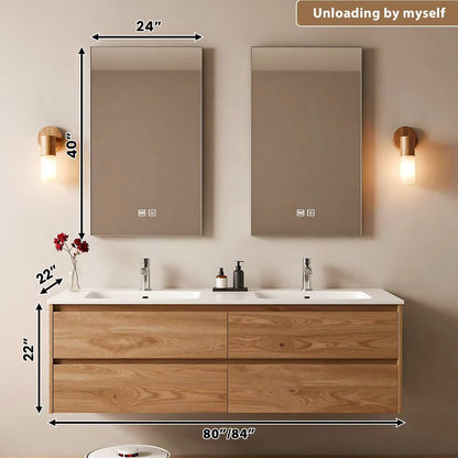 60”-84”Double Sink Floating Bathroom Vanity with 2 LED Mirrors, Light Oak Wall Mounted Vanity with White Top