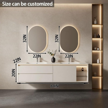 60"-84"Wall Mounted White Bathroom Vanity with Double Sinks & Open Shelf Storage