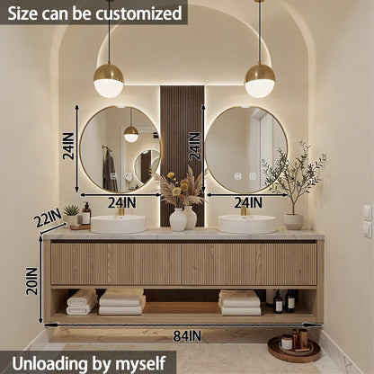 60"-84"Light Wood Bathroom Vanity with Double Sinks & Backlit Round Smart Mirrors