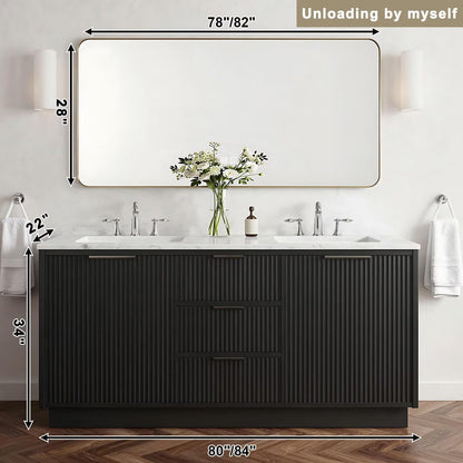 60”-84” Double Sink Bathroom Vanity with LED Mirror, Freestanding Fluted Cabinet with Marble Top, Black