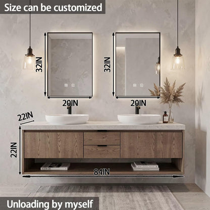 60"-84"Rustic Floating Bathroom Vanity with Double Vessel Sinks & LED Backlit Mirrors