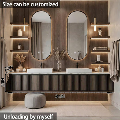 60”-84”Double Sink Floating Bathroom Vanity with LED Oval Mirrors, Dark Fluted Wood Cabinet