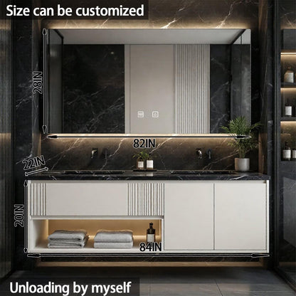 60”-84”Double Sink Floating Bathroom Vanity with LED Backlit Mirror, Off-White Fluted Cabinet