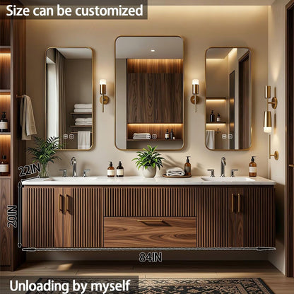 60”-84”Double Sink Floating Bathroom Vanity with Gold Mirrors, Walnut Fluted Wood Cabinet