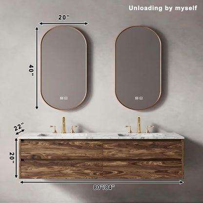 60”-84”Double Sink Floating Bathroom Vanity with Marble Top & Rose Gold LED Mirrors, Wall Mounted Walnut Wood Vanity with Storage Drawers