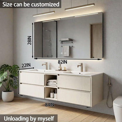 60"-84"Modern White Wood Bathroom Vanity with Open Storage & Integrated Sinks, LED Mirror