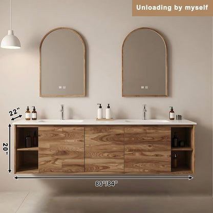 60”-84” Wall Mounted Double Sink Bathroom Vanity with Arched LED Mirrors, Wood Floating Cabinet with White Stone Top, Natural