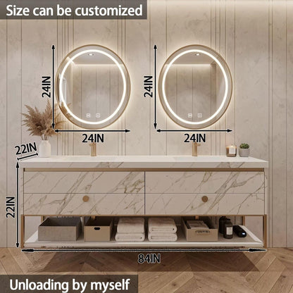 60"-84"Freestanding Marble Bathroom Vanity with Double Sinks & LED Round Mirrors