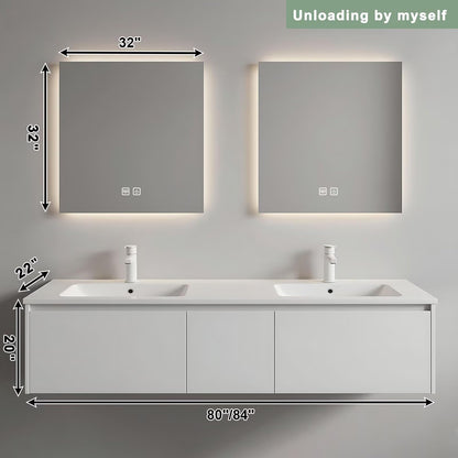 60”-84”Double Sink Floating Bathroom Vanity, White Modern Cabinet with Backlit LED Mirrors