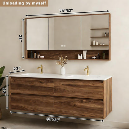 60”-84”Floating Double Sink Bathroom Vanity with LED Defog Mirror Cabinet, Wall Mounted Walnut Wood Vanity with Storage Drawers