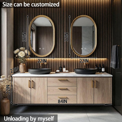 60"-84"Double Sink Bathroom Vanity, Natural Wood Cabinet with White Marble Countertop