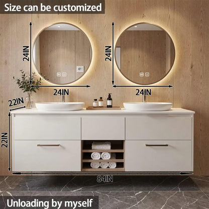 60”-84”Double Sink Floating Bathroom Vanity with LED Round Mirrors, White Cabinet & Stone Top