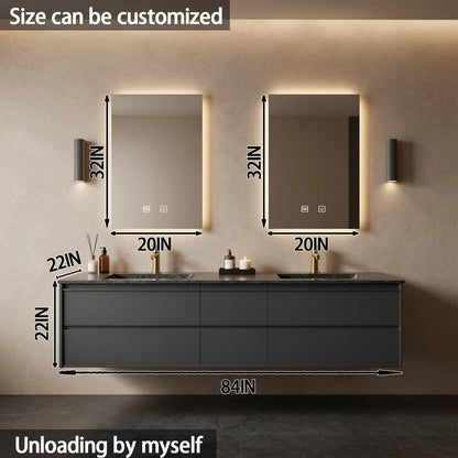 60”-84” Double Floating Vanity, Matte Black Cabinet with Gold Trim LED Mirrors