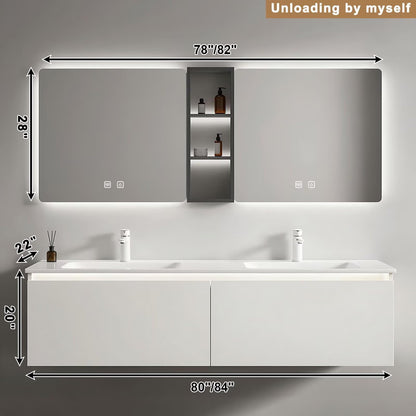 60”-84” Double Sink Floating Bathroom Vanity with LED Mirrors & Open Shelf, Wall Mounted White Vanity with Integrated Top